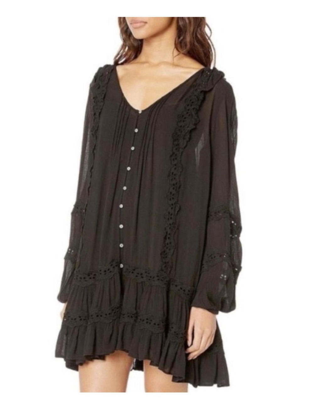 Free People Snow Angel Black Islet Ruffle Mini Dress
